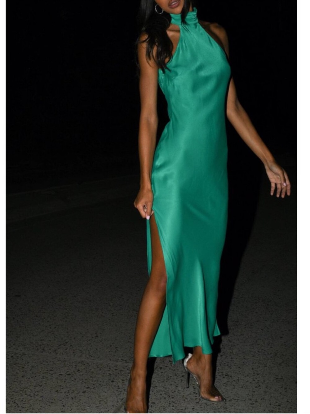 Meshki Emerald Halter Satin Maxi Dress